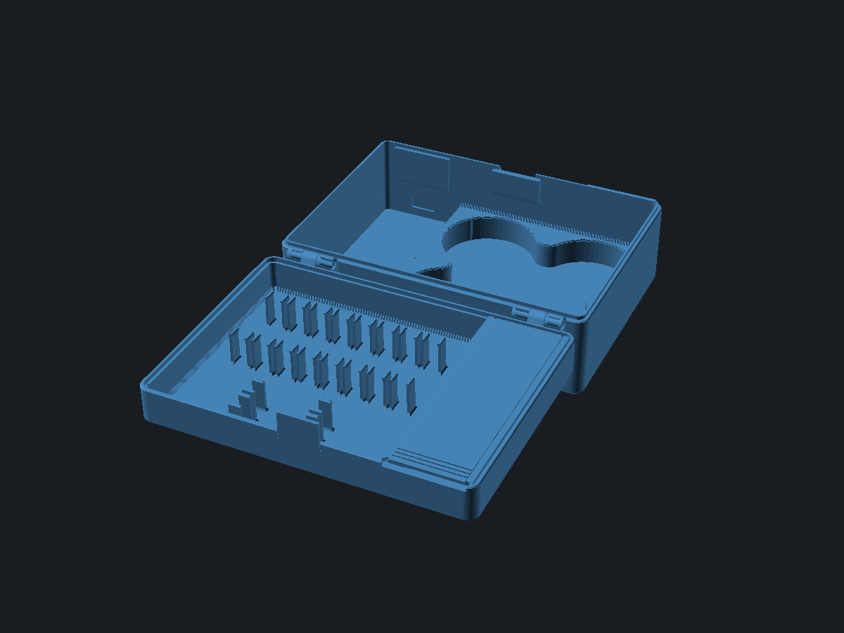 Tiny whoop case sized to its contents, with press-fit pockets, snap-pin hinges and a parts box, view 1